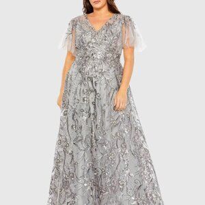 NWT | Mac Duggal 67908 Platinum High Neck Flutter Sleeve Embellished Gown 16